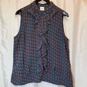 Cabi Sleeveless Ruffle Front Blouse Blue Orange Paisley Print Size Large